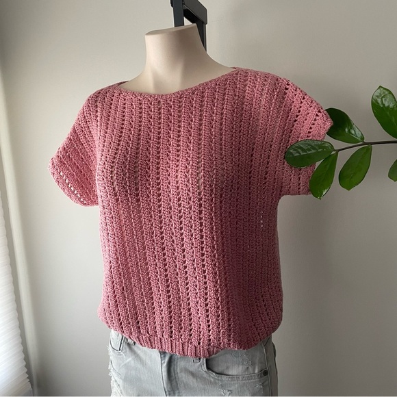 Vintage Hand Made Short Sleeve Crochet Knit Sweater Pink Size Large - Picture 3 of 4